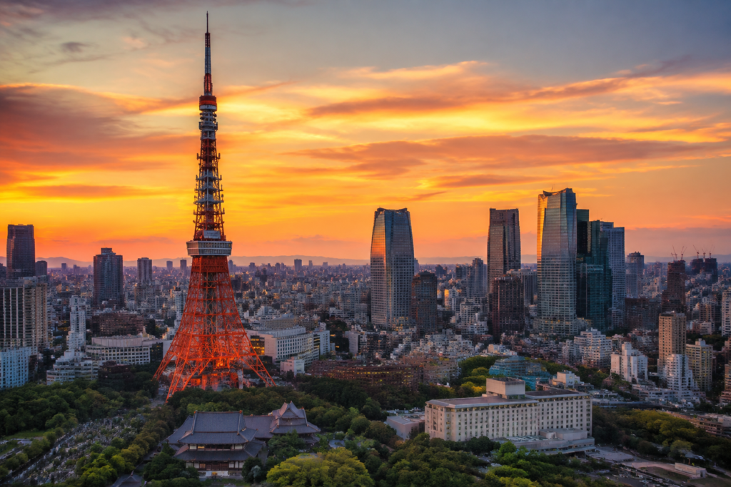 Tokyo Tower and city skyline at sunset