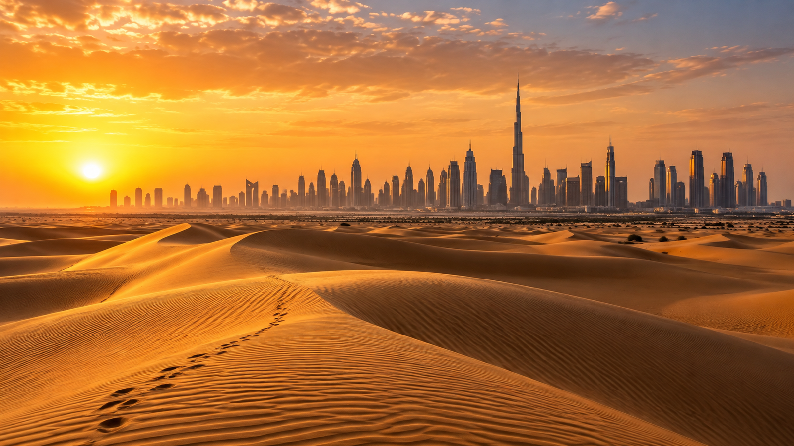 Dubai desert dunes with city skyline at sunset