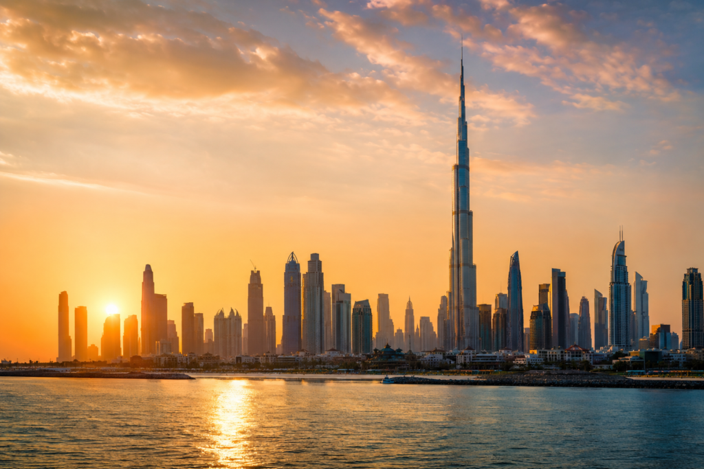 Destinations Dubai skyline with Burj Khalifa at sunset