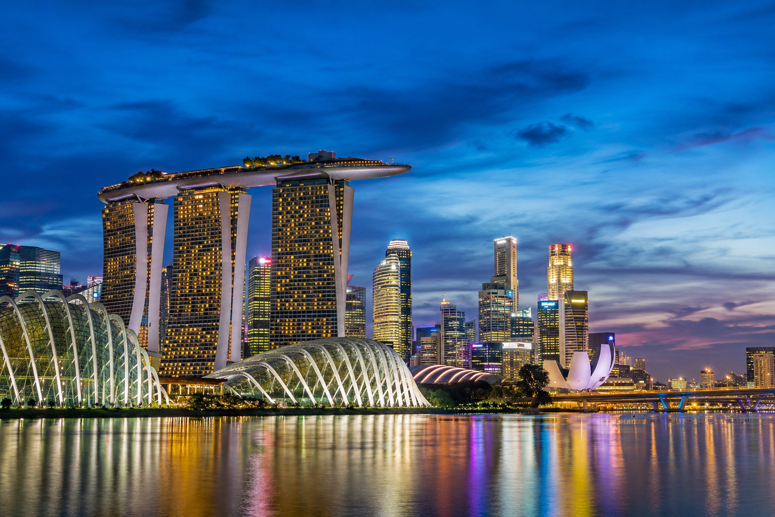 Singapore skyline and Marina Bay Sands at blue hour