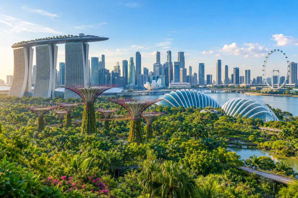 Destinations Gardens by the Bay and Singapore skyline