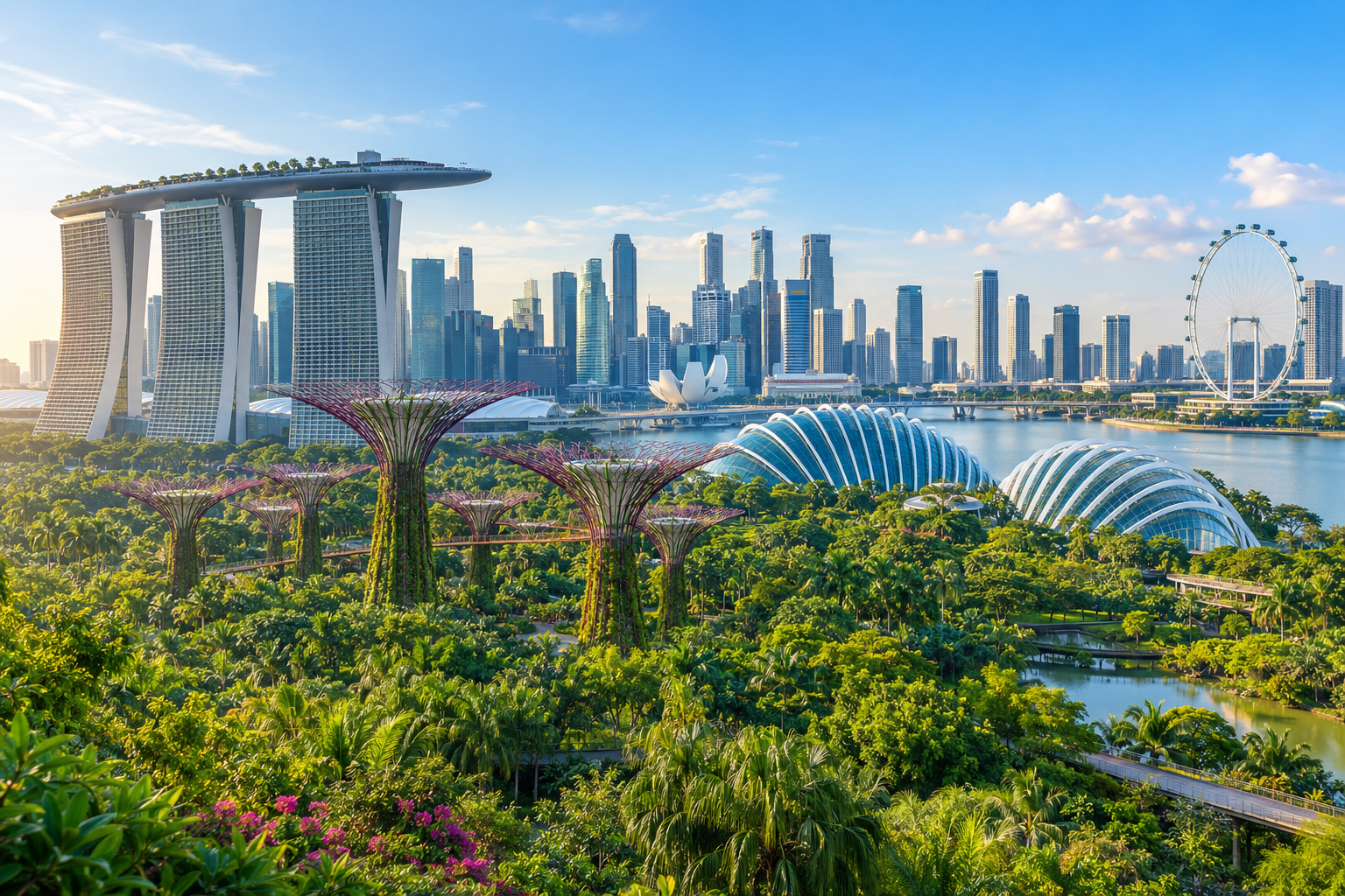 Gardens by the Bay and Singapore skyline