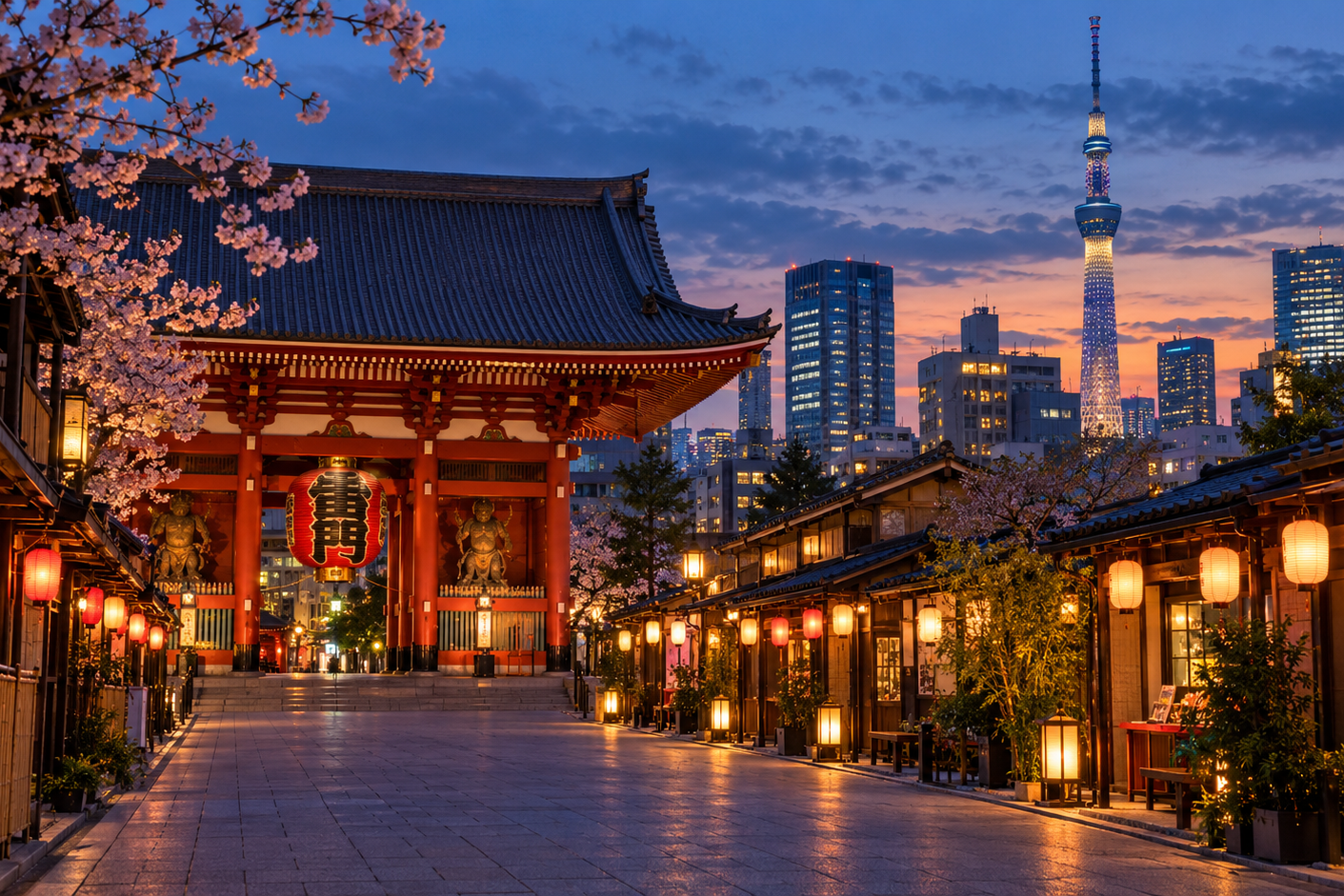 Destinations Traditional Tokyo temple with modern city skyline