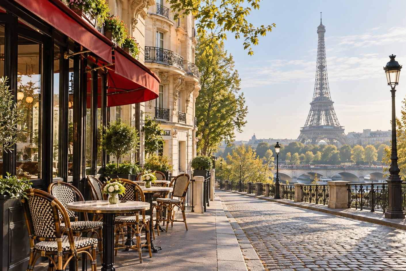 Parisian café street with Eiffel Tower in the distance