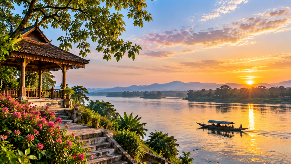 Destinations Scenic riverside landscape near Jorhat, Assam at sunset