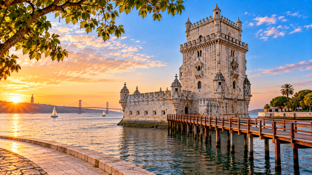 Destinations Belém Tower beside the Tagus River in Lisbon, Portugal