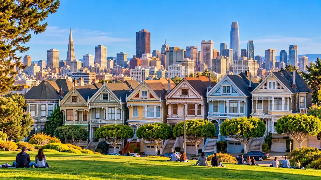 Destinations Painted Ladies at Alamo Square with the San Francisco skyline in California