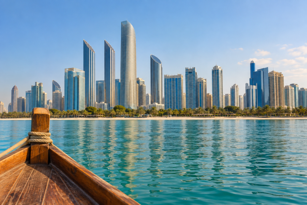 Destinations Abu Dhabi Corniche skyline viewed from a traditional wooden boat