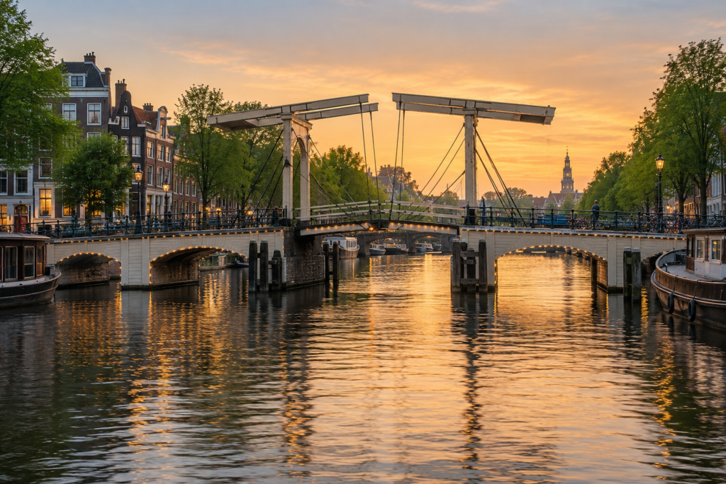 Destinations Bridge crossing an Amsterdam canal at sunset