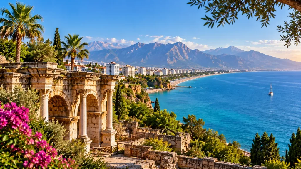Ancient Roman ruins overlooking Antalya's Mediterranean coast and Taurus Mountains