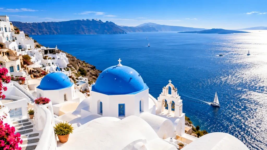 Greek coastal scene with white buildings, blue domes and the Aegean Sea