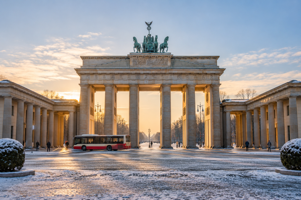 Destinations Brandenburg Gate in Berlin on a snowy winter morning