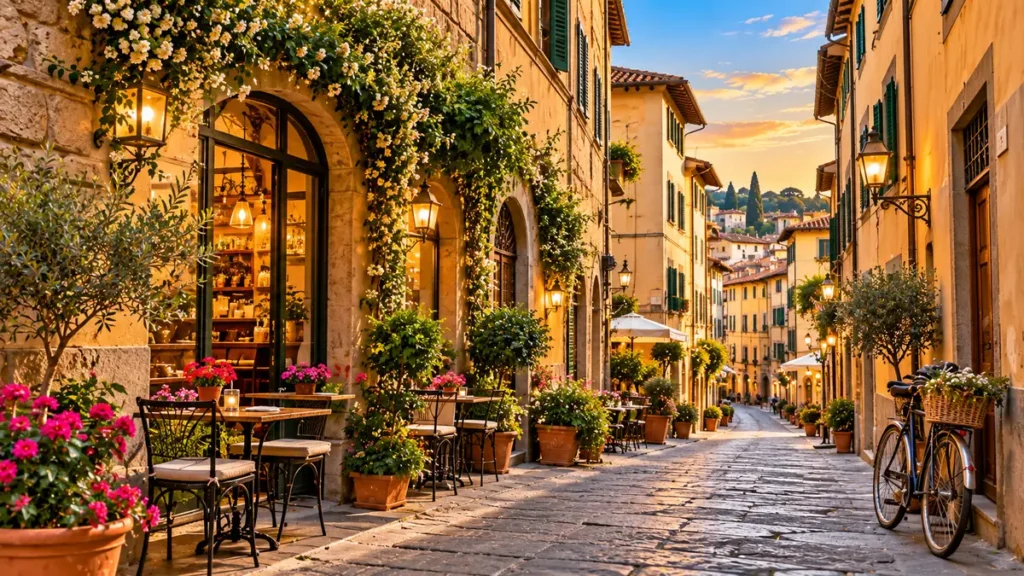 Destinations Charming historic street in Florence, Italy with traditional buildings, café tables and flowers
