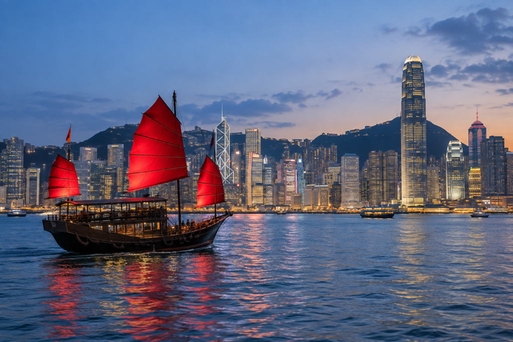 Destinations Traditional red-sailed junk boat crossing Victoria Harbour in Hong Kong