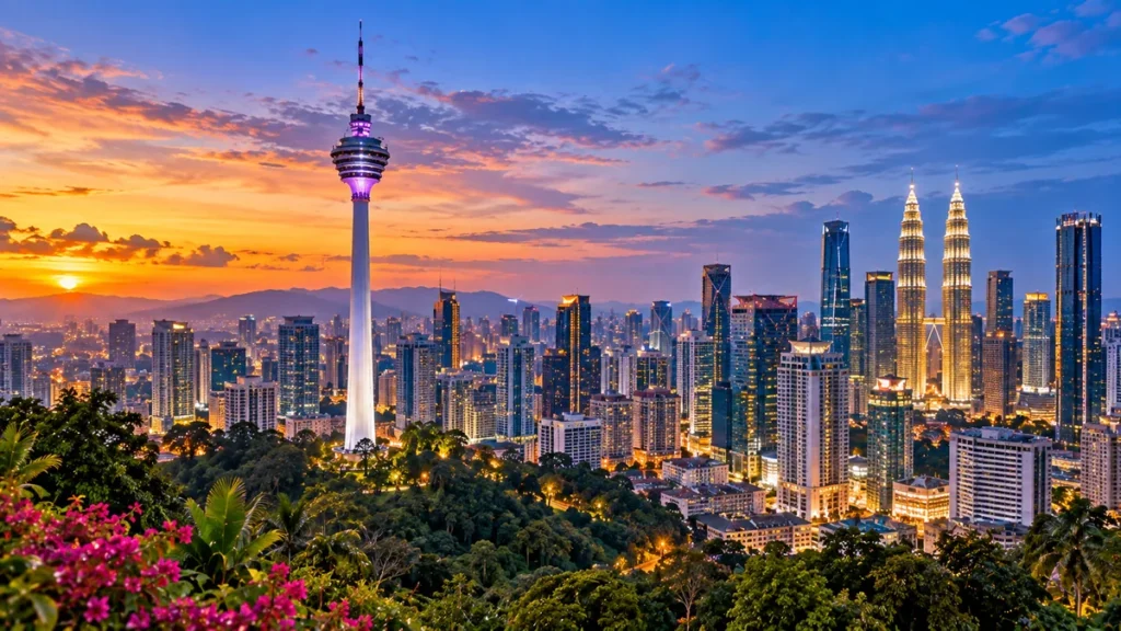 Destinations Kuala Lumpur skyline with KL Tower and Petronas Twin Towers at sunset