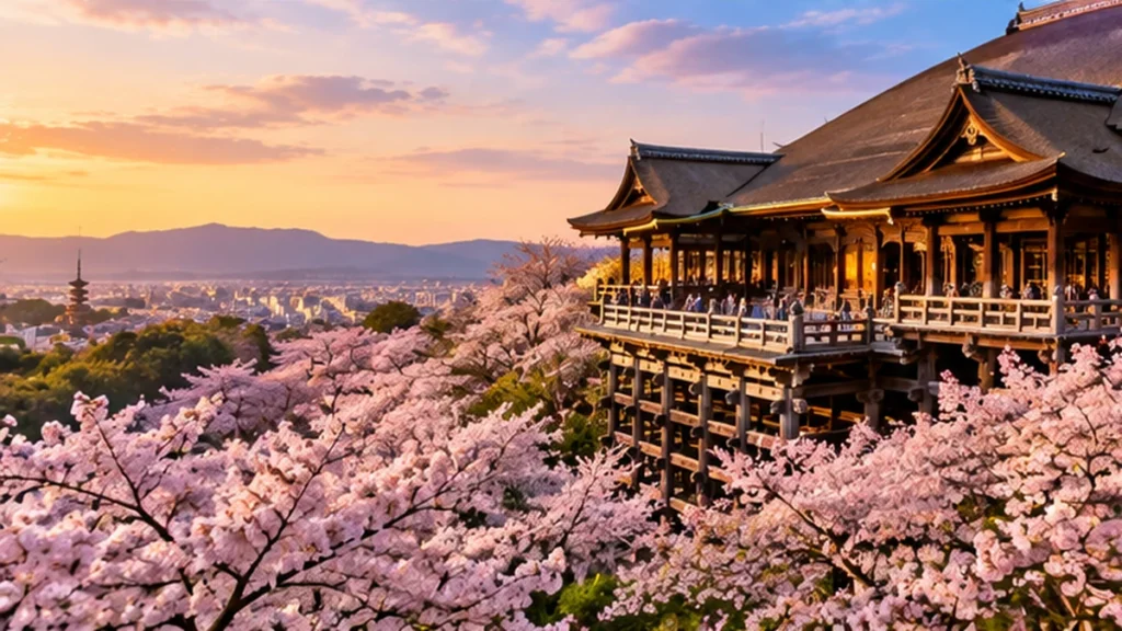 Destinations Traditional Kyoto temple surrounded by cherry blossoms at sunset in Japan