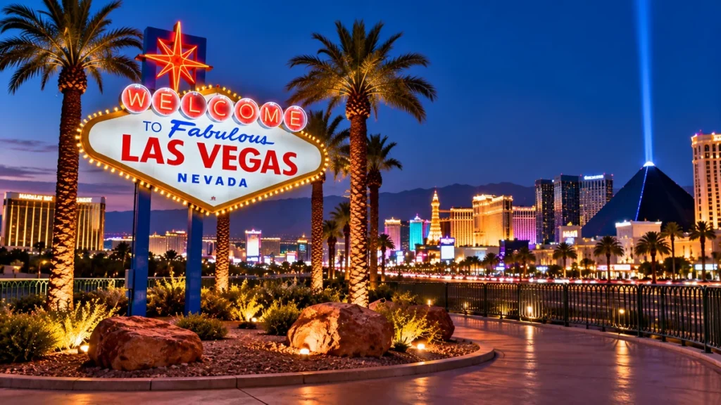 Destinations Welcome to Fabulous Las Vegas sign with illuminated Las Vegas skyline at night