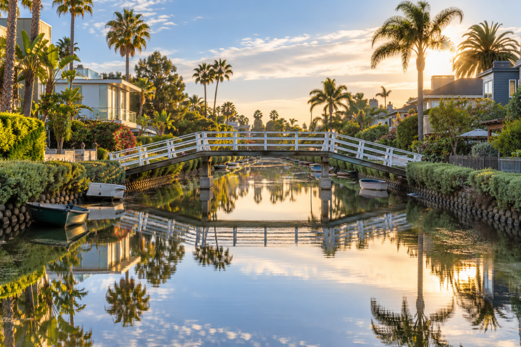 Destinations Pedestrian bridge over the Venice Canals in Los Angeles