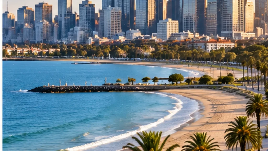 Destinations Melbourne waterfront and city skyline viewed from the coast in Australia