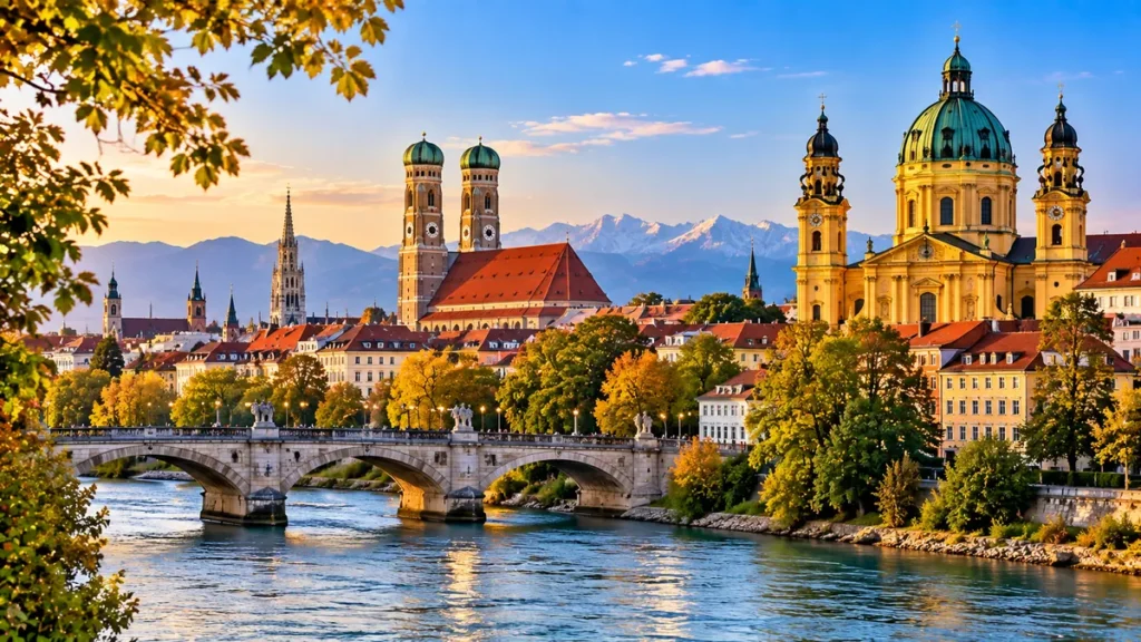 Destinations Munich skyline with historic churches, Isar River and Bavarian Alps