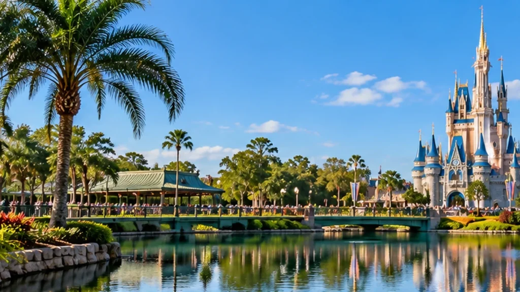 Destinations Orlando theme park with fairytale castle, palm trees and lake in Florida