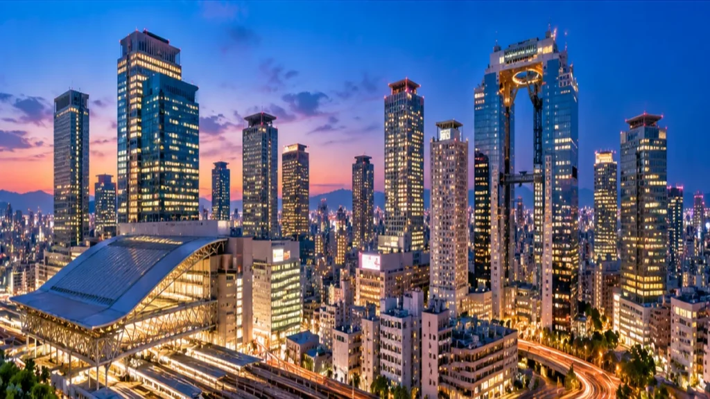 Destinations Modern Osaka skyline and Umeda district illuminated at dusk
