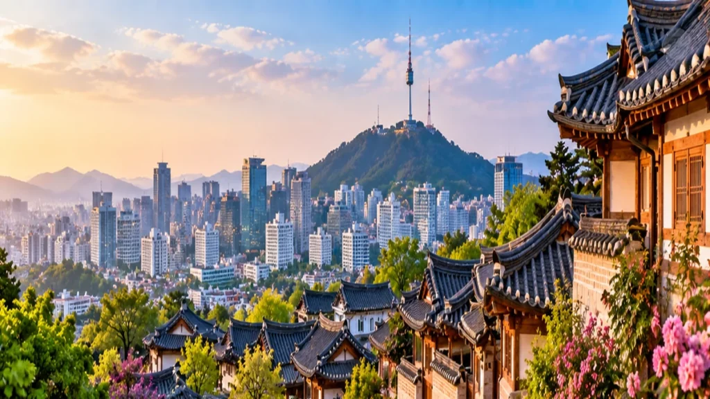 Destinations Traditional hanok rooftops and Seoul skyline with N Seoul Tower