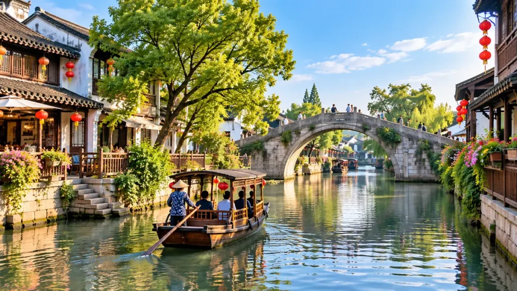 Destinations Traditional canal, stone bridge and historic waterside buildings in Zhujiajiao, Shanghai, China