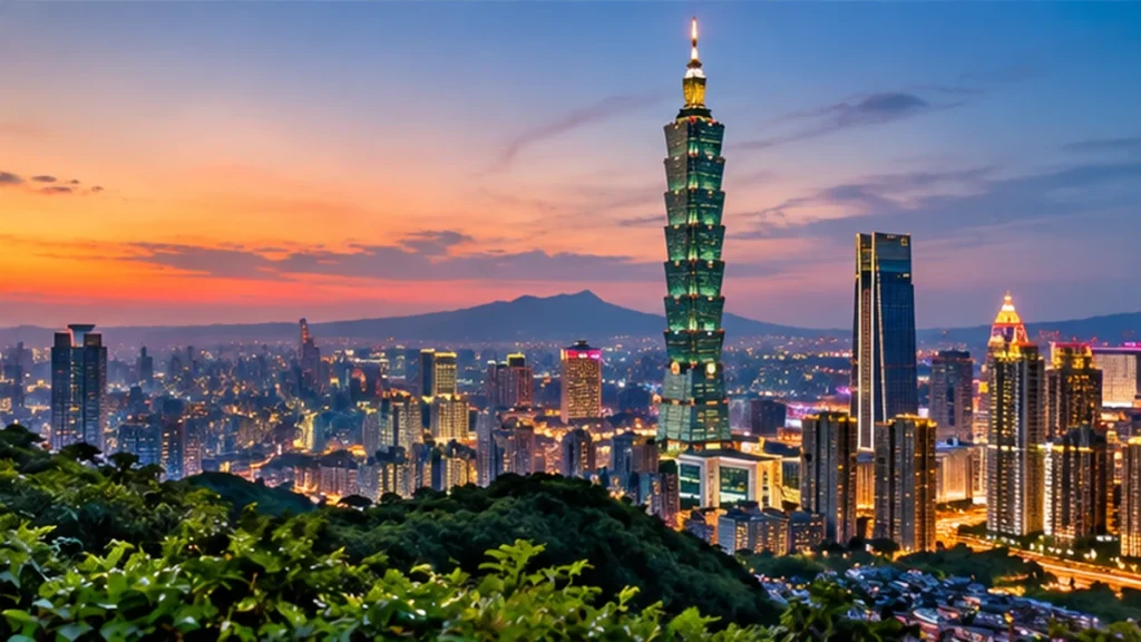 Destinations Taipei 101 and Taipei city skyline illuminated at sunset in Taiwan