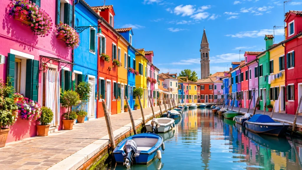Destinations Colourful houses and boats along a canal on Burano island in Venice, Italy