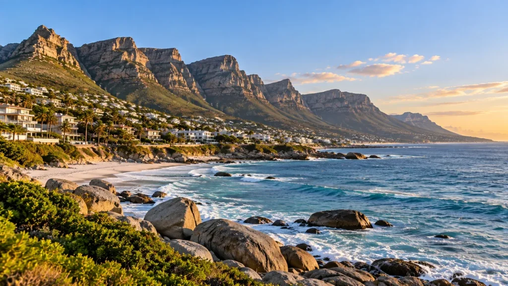 Destinations Cape Town coastline with the Twelve Apostles mountains and Atlantic Ocean